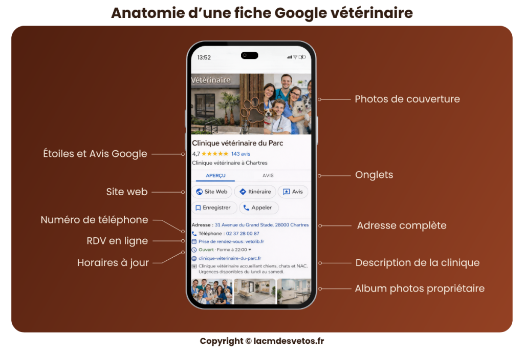 Anatomie d'une fiche Google vétérinaire avec avis, horaires, téléphone, photos, adresse et prise de rendez-vous