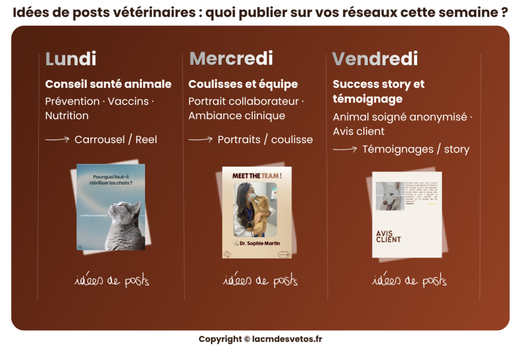 Planning de posts vétérinaires avec idées de contenus à publier lundi, mercredi et vendredi sur les réseaux sociaux