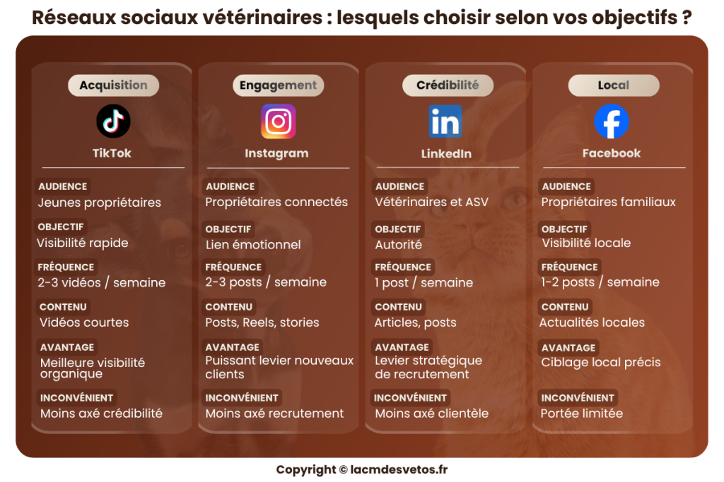 Comparatif des réseaux sociaux vétérinaires pour choisir TikTok, Instagram, LinkedIn ou Facebook selon l'objectif